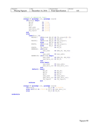 Prepared by:
Phuong Nguyen
Date:
December 14, 2016
Document Name:
Final Specification
Revision:
4.0
Nguyen 80
//start of operation logic
always @ (posedge clk, posedge reset)
if(reset) begin
WA_R0 <= 7'h0;
WA_R1 <= 16'h0;
WD_R <= 16'h0;
mem_addr <= 16'h0;
mem_data_out <= 16'h0;
TB_inport <= 16'h0;
end
else
case(Port_ID)
WADDR1: if(Write) WA_R0 <= TB_outport[6:0];
else WA_R0 <= WA_R0;
WADDR2: if(Write) WA_R1 <= TB_outport;
else WA_R1 <= WA_R1;
WDATA: if(Write) WD_R <= TB_outport;
else WD_R <= WD_R;
RDATA: TB_inport <= RD_R;
MEMREAD: if(Read)
mem_addr <= {WA_R0, WA_R1};
else
mem_addr <= mem_addr;
MEMWRITE: if(Write) begin
mem_addr <= {WA_R0, WA_R1};
mem_data_out <= WD_R;
end
else begin
mem_addr <= mem_addr;
mem_data_out <= mem_data_out;
end
default: begin
WA_R0 <= WA_R0;
WA_R1 <= WA_R1;
WD_R <= WD_R;
mem_addr <= mem_addr;
mem_data_out <= mem_data_out;
TB_inport <= TB_inport;
end
endcase
always @ (posedge clk, posedge reset)
if(reset) RD_R <= 16'h0000;
else if(RCLK == 4'b1011) RD_R <= mem_data_in;
else RD_R <= RD_R;
endmodule
 