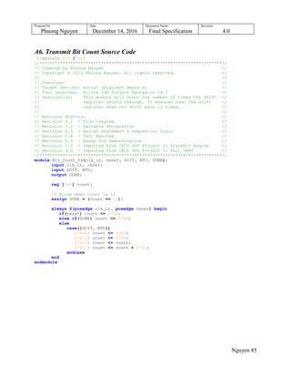 Prepared by:
Phuong Nguyen
Date:
December 14, 2016
Document Name:
Final Specification
Revision:
4.0
Nguyen 85
A6. Transmit Bit Count Source Code
`timescale 1ns / 1ps
//***********************************************************************//
// Created by Phuong Nguyen //
// Copyright © 2016 Phuong Nguyen. All rights reserved. //
// //
// Overview: //
// Target Devices: Artix7 (Digilent Nexys 4) //
// Tool versions: Xilinx ISE Project Navigator 14.7 //
// Description: This module will count the number of times the shift //
// register shifts through. It ensures that the shift //
// register does not shift pass 11 times. //
// //
// Revision History: //
// Revision 0.1 - File Created //
// Revision 0.2 - Variable Declaration //
// Revision 0.3 - Assign statement & Sequential Logic //
// Revision 0.4 - Test Benched //
// Revision 1.0 - Ready for Demonstration //
// Revision 2.0 - Imported from CECS 460 Project 2: Transmit Engine //
// Revision 3.0 - Imported from CECS 460 Project 3: Full UART //
//***********************************************************************//
module Bit_Count_Tx(clk_in, reset, DOIT, BTU, DONE);
input clk_in, reset;
input DOIT, BTU;
output DONE;
reg [3:0] count;
// Pulse when count is 11
assign DONE = (count == 12);
always @(posedge clk_in, posedge reset) begin
if(reset) count <= 4'b0;
else if(DONE) count <= 4'b0;
else
case({DOIT, BTU})
2'b00: count <= 4'b0;
2'b01: count <= 4'b0;
2'b10: count <= count;
2'b11: count <= count + 4'b1;
endcase
end
endmodule
 