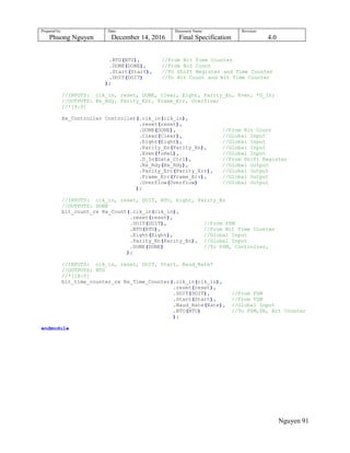 Prepared by:
Phuong Nguyen
Date:
December 14, 2016
Document Name:
Final Specification
Revision:
4.0
Nguyen 91
.BTU(BTU), //From Bit Time Counter
.DONE(DONE), //From Bit Count
.Start(Start), //To Shift Register and Time Counter
.DOIT(DOIT) //To Bit Count and Bit Time Counter
);
//INPUTS: clk_in, reset, DONE, Clear, Eight, Parity_En, Even, *D_In;
//OUTPUTS: Rx_Rdy, Parity_Err, Frame_Err, Overflow;
//*[9:0]
Rx_Controller Controller(.clk_in(clk_in),
.reset(reset),
.DONE(DONE), //From Bit Count
.Clear(Clear), //Global Input
.Eight(Eight), //Global Input
.Parity_En(Parity_En), //Global Input
.Even(!oHeL), //Global Input
.D_In(Data_Ctrl), //From Shift Register
.Rx_Rdy(Rx_Rdy), //Global Output
.Parity_Err(Parity_Err), //Global Output
.Frame_Err(Frame_Err), //Global Output
.Overflow(Overflow) //Global Output
);
//INPUTS: clk_in, reset, DOIT, BTU, Eight, Parity_En
//OUTPUTS: DONE
bit_count_rx Rx_Count(.clk_in(clk_in),
.reset(reset),
.DOIT(DOIT), //From FSM
.BTU(BTU), //From Bit Time Counter
.Eight(Eight), //Global Input
.Parity_En(Parity_En), //Global Input
.DONE(DONE) //To FSM, Controller,
);
//INPUTS: clk_in, reset, DOIT, Start, Baud_Rate*
//OUTPUTS: BTU
//*[18:0]
bit_time_counter_rx Rx_Time_Counter(.clk_in(clk_in),
.reset(reset),
.DOIT(DOIT), //From FSM
.Start(Start), //From FSM
.Baud_Rate(Rate), //Global Input
.BTU(BTU) //To FSM,SR, Bit Counter
);
endmodule
 
