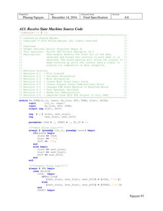 Prepared by:
Phuong Nguyen
Date:
December 14, 2016
Document Name:
Final Specification
Revision:
4.0
Nguyen 93
A13. Receive State Machine Source Code
`timescale 1ns / 1ps
//***********************************************************************//
// Created by Phuong Nguyen //
// Copyright © 2016 Phuong Nguyen. All rights reserved. //
// //
// Overview: //
// Target Devices: Artix7 (Digilent Nexys 4) //
// Tool versions: Xilinx ISE Project Navigator 14.7 //
// Description: This module detects the Start bit of the data //
// received and allows the counters to work when it is //
// detected. The state machine will allow the counter to //
// keep counting up until the counter send a signal to //
// signify its completion of data reception. //
// //
// Revision History: //
// Revision 0.1 - File Created //
// Revision 0.2 - Variable Declaration //
// Revision 0.3 - Wire Declaration //
// Revision 0.4 - Create Next State Logic Block //
// Revision 0.5 - Create Present State Combinational Block //
// Revision 0.6 - Changed FSM State Machine to Modified Moore //
// Revision 0.7 - Test Benched, Verified //
// Revision 1.0 - Ready for Demonstration //
// Revision 2.0 - Imported from CECS 460 Project 3: Full UART //
//***********************************************************************//
module Rx_FSM(clk_in, reset, Rx_Line, BTU, DONE, Start, DOIT);
input clk_in, reset;
input Rx_Line, BTU, DONE;
output reg Start, DOIT;
reg [1:0] state, next_state;
reg next_Start, next_DOIT;
parameter IDLE = 0, START = 1, DO_IT = 2;
/***Next State Logic***/
always @ (posedge clk_in, posedge reset) begin
if(reset) begin
state <= IDLE;
Start <= 1'b0;
DOIT <= 1'b0;
end
else begin
state <= next_state;
Start <= next_Start;
DOIT <= next_DOIT;
end
end
/***Present State Logic***/
always @ (*) begin
case (state)
IDLE: begin
if(Rx_Line)
{next_state, next_Start, next_DOIT} = {IDLE, 2'b00};
else
{next_state, next_Start, next_DOIT} = {START, 2'b11};
end
START: begin
 