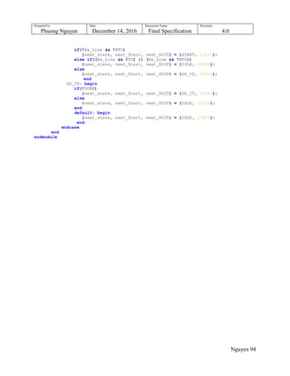 Prepared by:
Phuong Nguyen
Date:
December 14, 2016
Document Name:
Final Specification
Revision:
4.0
Nguyen 94
if(!Rx_Line && !BTU)
{next_state, next_Start, next_DOIT} = {START, 2'b11};
else if((Rx_Line && BTU) || (Rx_Line && !BTU))
{next_state, next_Start, next_DOIT} = {IDLE, 2'b00};
else
{next_state, next_Start, next_DOIT} = {DO_IT, 2'b01};
end
DO_IT: begin
if(!DONE)
{next_state, next_Start, next_DOIT} = {DO_IT, 2'b01};
else
{next_state, next_Start, next_DOIT} = {IDLE, 2'b00};
end
default: begin
{next_state, next_Start, next_DOIT} = {IDLE, 2'b00};
end
endcase
end
endmodule
 