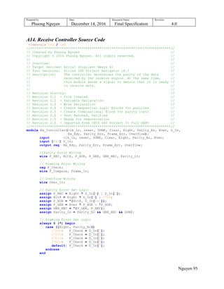 Prepared by:
Phuong Nguyen
Date:
December 14, 2016
Document Name:
Final Specification
Revision:
4.0
Nguyen 95
A14. Receive Controller Source Code
`timescale 1ns / 1ps
//***********************************************************************//
// Created by Phuong Nguyen //
// Copyright © 2016 Phuong Nguyen. All rights reserved. //
// //
// Overview: //
// Target Devices: Artix7 (Digilent Nexys 4) //
// Tool versions: Xilinx ISE Project Navigator 14.7 //
// Description: The controller determines the parity of the data //
// received by the receive engine. At the same time, //
// this module sends a signal to denote that it is ready //
// to receive data. //
// //
// Revision History: //
// Revision 0.1 - File Created //
// Revision 0.2 - Variable Declaration //
// Revision 0.3 - Wire Declaration //
// Revision 0.4 - Create Sequential Logic Blocks for parities //
// Revision 0.5 - Create Combinational Block for parity logic //
// Revision 0.6 - Test Benched, Verified //
// Revision 1.0 - Ready for Demonstration //
// Revision 2.0 - Imported from CECS 460 Project 3: Full UART //
//***********************************************************************//
module Rx_Controller(clk_in, reset, DONE, Clear, Eight, Parity_En, Even, D_In,
Rx_Rdy, Parity_Err, Frame_Err, Overflow);
input clk_in, reset, DONE, Clear, Eight, Parity_En, Even;
input [9:0] D_In;
output reg Rx_Rdy, Parity_Err, Frame_Err, Overflow;
//Parity Error Wiring
wire P_REC, Bit8, P_XOR, P_GEN, GEN_REC, Parity_In;
// Framing Error Wiring
reg F_Check;
wire F_Compare, Frame_In;
// Overflow Wiring
wire Over_In;
// Parity Error Set Logic
assign P_REC = Eight ? D_In[8] : D_In[7];
assign Bit8 = Eight ? D_In[7] : 1'b0;
assign P_XOR = ^{Bit8, D_In[6:0]};
assign P_GEN = Even ? P_XOR : !P_XOR;
assign GEN_REC = ^{P_GEN, P_REC};
assign Parity_In = Parity_En && GEN_REC && DONE;
// Framing Error Set Logic
always @ (*) begin
case ({Eight, Parity_En})
2'b00: F_Check = D_In[7];
2'b01: F_Check = D_In[8];
2'b10: F_Check = D_In[8];
2'b11: F_Check = D_In[9];
default: F_Check = D_In[7];
endcase
end
 