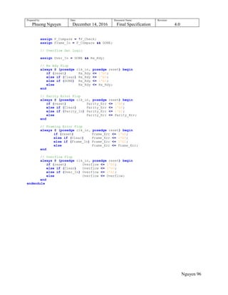 Prepared by:
Phuong Nguyen
Date:
December 14, 2016
Document Name:
Final Specification
Revision:
4.0
Nguyen 96
assign F_Compare = !F_Check;
assign Frame_In = F_Compare && DONE;
// Overflow Set Logic
assign Over_In = DONE && Rx_Rdy;
// Rx Rdy Flop
always @ (posedge clk_in, posedge reset) begin
if (reset) Rx_Rdy <= 1'b0;
else if (Clear) Rx_Rdy <= 1'b0;
else if (DONE) Rx_Rdy <= 1'b1;
else Rx_Rdy <= Rx_Rdy;
end
// Parity Error Flop
always @ (posedge clk_in, posedge reset) begin
if (reset) Parity_Err <= 1'b0;
else if (Clear) Parity_Err <= 1'b0;
else if (Parity_In) Parity_Err <= 1'b1;
else Parity_Err <= Parity_Err;
end
// Framing Error Flop
always @ (posedge clk_in, posedge reset) begin
if (reset) Frame_Err <= 1'b0;
else if (Clear) Frame_Err <= 1'b0;
else if (Frame_In) Frame_Err <= 1'b1;
else Frame_Err <= Frame_Err;
end
// Overflow Flop
always @ (posedge clk_in, posedge reset) begin
if (reset) Overflow <= 1'b0;
else if (Clear) Overflow <= 1'b0;
else if (Over_In) Overflow <= 1'b1;
else Overflow <= Overflow;
end
endmodule
 