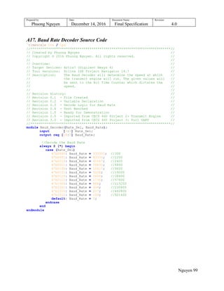 Prepared by:
Phuong Nguyen
Date:
December 14, 2016
Document Name:
Final Specification
Revision:
4.0
Nguyen 99
A17. Baud Rate Decoder Source Code
`timescale 1ns / 1ps
//***********************************************************************//
// Created by Phuong Nguyen //
// Copyright © 2016 Phuong Nguyen. All rights reserved. //
// //
// Overview: //
// Target Devices: Artix7 (Digilent Nexys 4) //
// Tool versions: Xilinx ISE Project Navigator 14.7 //
// Description: The Baud Decoder will determine the speed at which //
// the transmit engine will run. The given values will //
// be sent to the Bit Time Counter which dictates the //
// speed. //
// //
// Revision History: //
// Revision 0.1 - File Created //
// Revision 0.2 - Variable Declaration //
// Revision 0.3 - Decode Logic for Baud Rate //
// Revision 0.4 - Test Benched //
// Revision 1.0 - Ready for Demonstration //
// Revision 2.0 - Imported from CECS 460 Project 2: Transmit Engine //
// Revision 3.0 - Imported from CECS 460 Project 3: Full UART //
//***********************************************************************//
module Baud_Decoder(Rate_Sel, Baud_Rate);
input [3:0] Rate_Sel;
output reg [18:0] Baud_Rate;
//Decode the Baud Rate
always @ (*) begin
case (Rate_Sel)
4'b0000: Baud_Rate = 333333; //300
4'b0001: Baud_Rate = 83333; //1200
4'b0010: Baud_Rate = 41667; //2400
4'b0011: Baud_Rate = 20833; //4800
4'b0100: Baud_Rate = 10417; //9600
4'b0101: Baud_Rate = 5208; //19200
4'b0110: Baud_Rate = 2604; //38400
4'b0111: Baud_Rate = 1736; //57600
4'b1000: Baud_Rate = 868; //115200
4'b1001: Baud_Rate = 434; //230400
4'b1010: Baud_Rate = 217; //460800
4'b1011: Baud_Rate = 109; //921600
default: Baud_Rate = 0;
endcase
end
endmodule
 