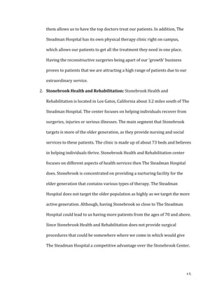   15	
  
them	
  allows	
  us	
  to	
  have	
  the	
  top	
  doctors	
  treat	
  our	
  patients.	
  In	
  addition,	
  The	
  
Steadman	
  Hospital	
  has	
  its	
  own	
  physical	
  therapy	
  clinic	
  right	
  on	
  campus,	
  
which	
  allows	
  our	
  patients	
  to	
  get	
  all	
  the	
  treatment	
  they	
  need	
  in	
  one	
  place.	
  
Having	
  the	
  reconstructive	
  surgeries	
  being	
  apart	
  of	
  our	
  ‘growth’	
  business	
  
proves	
  to	
  patients	
  that	
  we	
  are	
  attracting	
  a	
  high	
  range	
  of	
  patients	
  due	
  to	
  our	
  
extraordinary	
  service.	
  	
  
2. Stonebrook	
  Health	
  and	
  Rehabilitation:	
  Stonebrook	
  Health	
  and	
  
Rehabilitation	
  is	
  located	
  in	
  Los	
  Gatos,	
  California	
  about	
  3.2	
  miles	
  south	
  of	
  The	
  
Steadman	
  Hospital.	
  The	
  center	
  focuses	
  on	
  helping	
  individuals	
  recover	
  from	
  
surgeries,	
  injuries	
  or	
  serious	
  illnesses.	
  The	
  main	
  segment	
  that	
  Stonebrook	
  
targets	
  is	
  more	
  of	
  the	
  older	
  generation,	
  as	
  they	
  provide	
  nursing	
  and	
  social	
  
services	
  to	
  these	
  patients.	
  The	
  clinic	
  is	
  made	
  up	
  of	
  about	
  73	
  beds	
  and	
  believes	
  
in	
  helping	
  individuals	
  thrive.	
  Stonebrook	
  Health	
  and	
  Rehabilitation	
  center	
  
focuses	
  on	
  different	
  aspects	
  of	
  health	
  services	
  then	
  The	
  Steadman	
  Hospital	
  
does.	
  Stonebrook	
  is	
  concentrated	
  on	
  providing	
  a	
  nurturing	
  facility	
  for	
  the	
  
elder	
  generation	
  that	
  contains	
  various	
  types	
  of	
  therapy.	
  The	
  Steadman	
  
Hospital	
  does	
  not	
  target	
  the	
  older	
  population	
  as	
  highly	
  as	
  we	
  target	
  the	
  more	
  
active	
  generation.	
  Although,	
  having	
  Stonebrook	
  so	
  close	
  to	
  The	
  Steadman	
  
Hospital	
  could	
  lead	
  to	
  us	
  having	
  more	
  patients	
  from	
  the	
  ages	
  of	
  70	
  and	
  above.	
  
Since	
  Stonebrook	
  Health	
  and	
  Rehabilitation	
  does	
  not	
  provide	
  surgical	
  
procedures	
  that	
  could	
  be	
  somewhere	
  where	
  we	
  come	
  in	
  which	
  would	
  give	
  
The	
  Steadman	
  Hospital	
  a	
  competitive	
  advantage	
  over	
  the	
  Stonebrook	
  Center.	
  	
  
 