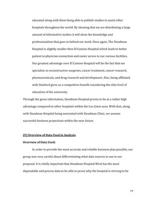   18	
  
educated	
  along	
  with	
  them	
  being	
  able	
  to	
  publish	
  studies	
  to	
  assist	
  other	
  
hospitals	
  throughout	
  the	
  world.	
  By	
  showing	
  that	
  we	
  are	
  distributing	
  a	
  large	
  
amount	
  of	
  informative	
  studies	
  it	
  will	
  show	
  the	
  knowledge	
  and	
  
professionalism	
  that	
  goes	
  in	
  behind	
  our	
  work.	
  Once	
  again,	
  The	
  Steadman	
  
Hospital	
  is	
  slightly	
  smaller	
  then	
  El	
  Camino	
  Hospital	
  which	
  leads	
  to	
  better	
  
patient	
  to	
  physician	
  connection	
  and	
  easier	
  access	
  to	
  our	
  various	
  facilities.	
  
Our	
  greatest	
  advantage	
  over	
  El	
  Camino	
  Hospital	
  will	
  be	
  the	
  fact	
  that	
  we	
  
specialize	
  in	
  reconstructive	
  surgeries,	
  cancer	
  treatment,	
  cancer	
  research,	
  
pharmaceuticals,	
  and	
  drug	
  research	
  and	
  development.	
  Also,	
  being	
  affiliated	
  
with	
  Stanford	
  gives	
  us	
  a	
  competitive	
  benefit	
  considering	
  the	
  elite	
  level	
  of	
  
education	
  of	
  the	
  university.	
  	
  
Through	
  the	
  given	
  information,	
  Steadman	
  Hospital	
  proves	
  to	
  be	
  at	
  a	
  rather	
  high	
  
advantage	
  compared	
  to	
  other	
  hospitals	
  within	
  the	
  Los	
  Gatos	
  area.	
  With	
  that,	
  along	
  
with	
  Steadman	
  Hospital	
  being	
  associated	
  with	
  Steadman	
  Clinic,	
  we	
  assume	
  
successful	
  business	
  projections	
  within	
  the	
  near	
  future.	
  
	
  
(V)	
  Overview	
  of	
  Data	
  Used	
  in	
  Analysis	
  
Overview	
  of	
  Data	
  Used:	
  
	
   In	
  order	
  to	
  provide	
  the	
  most	
  accurate	
  and	
  reliable	
  business	
  plan	
  possible,	
  our	
  
group	
  was	
  very	
  careful	
  about	
  differentiating	
  what	
  data	
  sources	
  to	
  use	
  in	
  our	
  
proposal.	
  It	
  is	
  vitally	
  important	
  that	
  Steadman	
  Hospital	
  West	
  has	
  the	
  most	
  
dependable	
  and	
  precise	
  data	
  to	
  be	
  able	
  to	
  prove	
  why	
  the	
  hospital	
  is	
  striving	
  to	
  be	
  
 