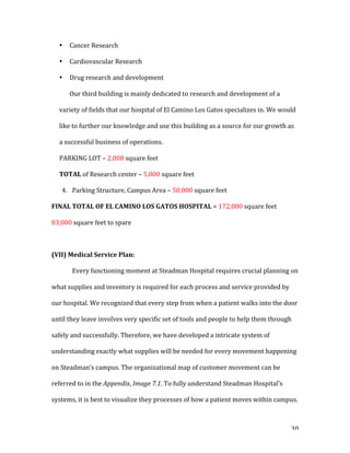   30	
  
• Cancer	
  Research	
  
• Cardiovascular	
  Research	
  
• Drug	
  research	
  and	
  development	
  
Our	
  third	
  building	
  is	
  mainly	
  dedicated	
  to	
  research	
  and	
  development	
  of	
  a	
  
variety	
  of	
  fields	
  that	
  our	
  hospital	
  of	
  El	
  Camino	
  Los	
  Gatos	
  specializes	
  in.	
  We	
  would	
  
like	
  to	
  further	
  our	
  knowledge	
  and	
  use	
  this	
  building	
  as	
  a	
  source	
  for	
  our	
  growth	
  as	
  
a	
  successful	
  business	
  of	
  operations.	
  
PARKING	
  LOT	
  –	
  2,000	
  square	
  feet	
  
TOTAL	
  of	
  Research	
  center	
  –	
  5,000	
  square	
  feet	
  
4. Parking	
  Structure,	
  Campus	
  Area	
  –	
  50,000	
  square	
  feet	
  
FINAL	
  TOTAL	
  OF	
  EL	
  CAMINO	
  LOS	
  GATOS	
  HOSPITAL	
  =	
  172,000	
  square	
  feet	
  
83,000	
  square	
  feet	
  to	
  spare	
  
	
  
(VII)	
  Medical	
  Service	
  Plan:	
  
Every	
  functioning	
  moment	
  at	
  Steadman	
  Hospital	
  requires	
  crucial	
  planning	
  on	
  
what	
  supplies	
  and	
  inventory	
  is	
  required	
  for	
  each	
  process	
  and	
  service	
  provided	
  by	
  
our	
  hospital.	
  We	
  recognized	
  that	
  every	
  step	
  from	
  when	
  a	
  patient	
  walks	
  into	
  the	
  door	
  
until	
  they	
  leave	
  involves	
  very	
  specific	
  set	
  of	
  tools	
  and	
  people	
  to	
  help	
  them	
  through	
  
safely	
  and	
  successfully.	
  Therefore,	
  we	
  have	
  developed	
  a	
  intricate	
  system	
  of	
  
understanding	
  exactly	
  what	
  supplies	
  will	
  be	
  needed	
  for	
  every	
  movement	
  happening	
  
on	
  Steadman’s	
  campus.	
  The	
  organizational	
  map	
  of	
  customer	
  movement	
  can	
  be	
  
referred	
  to	
  in	
  the	
  Appendix,	
  Image	
  7.1.	
  To	
  fully	
  understand	
  Steadman	
  Hospital’s	
  
systems,	
  it	
  is	
  best	
  to	
  visualize	
  they	
  processes	
  of	
  how	
  a	
  patient	
  moves	
  within	
  campus.	
  	
  
 