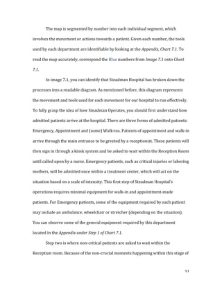   31	
  
	
   The	
  map	
  is	
  segmented	
  by	
  number	
  into	
  each	
  individual	
  segment,	
  which	
  
involves	
  the	
  movement	
  or	
  actions	
  towards	
  a	
  patient.	
  Given	
  each	
  number,	
  the	
  tools	
  
used	
  by	
  each	
  department	
  are	
  identifiable	
  by	
  looking	
  at	
  the	
  Appendix,	
  Chart	
  7.1.	
  To	
  
read	
  the	
  map	
  accurately,	
  correspond	
  the	
  Blue	
  numbers	
  from	
  Image	
  7.1	
  onto	
  Chart	
  
7.1.	
  
	
   In	
  image	
  7.1,	
  you	
  can	
  identify	
  that	
  Steadman	
  Hospital	
  has	
  broken	
  down	
  the	
  
processes	
  into	
  a	
  readable	
  diagram.	
  As	
  mentioned	
  before,	
  this	
  diagram	
  represents	
  
the	
  movement	
  and	
  tools	
  used	
  for	
  each	
  movement	
  for	
  our	
  hospital	
  to	
  run	
  effectively.	
  
To	
  fully	
  grasp	
  the	
  idea	
  of	
  how	
  Steadman	
  Operates,	
  you	
  should	
  first	
  understand	
  how	
  
admitted	
  patients	
  arrive	
  at	
  the	
  hospital.	
  There	
  are	
  three	
  forms	
  of	
  admitted	
  patients:	
  
Emergency,	
  Appointment	
  and	
  (some)	
  Walk-­‐ins.	
  Patients	
  of	
  appointment	
  and	
  walk-­‐in	
  
arrive	
  through	
  the	
  main	
  entrance	
  to	
  be	
  greeted	
  by	
  a	
  receptionist.	
  These	
  patients	
  will	
  
then	
  sign	
  in	
  through	
  a	
  kiosk	
  system	
  and	
  be	
  asked	
  to	
  wait	
  within	
  the	
  Reception	
  Room	
  
until	
  called	
  upon	
  by	
  a	
  nurse.	
  Emergency	
  patients,	
  such	
  as	
  critical	
  injuries	
  or	
  laboring	
  
mothers,	
  will	
  be	
  admitted	
  once	
  within	
  a	
  treatment	
  center,	
  which	
  will	
  act	
  on	
  the	
  
situation	
  based	
  on	
  a	
  scale	
  of	
  intensity.	
  This	
  first	
  step	
  of	
  Steadman	
  Hospital’s	
  
operations	
  requires	
  minimal	
  equipment	
  for	
  walk-­‐in	
  and	
  appointment-­‐made	
  
patients.	
  For	
  Emergency	
  patients,	
  some	
  of	
  the	
  equipment	
  required	
  by	
  each	
  patient	
  
may	
  include	
  an	
  ambulance,	
  wheelchair	
  or	
  stretcher	
  (depending	
  on	
  the	
  situation).	
  
You	
  can	
  observe	
  some	
  of	
  the	
  general	
  equipment	
  required	
  by	
  this	
  department	
  
located	
  in	
  the	
  Appendix	
  under	
  Step	
  1	
  of	
  Chart	
  7.1.	
  
	
   Step	
  two	
  is	
  where	
  non-­‐critical	
  patients	
  are	
  asked	
  to	
  wait	
  within	
  the	
  
Reception	
  room.	
  Because	
  of	
  the	
  non-­‐crucial	
  moments	
  happening	
  within	
  this	
  stage	
  of	
  
 