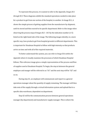   55	
  
To	
  represent	
  this	
  process,	
  it	
  is	
  easiest	
  to	
  refer	
  to	
  the	
  Appendix,	
  Images	
  XI.1	
  
through	
  XI.5.	
  These	
  diagrams	
  exhibit	
  the	
  standard	
  operations	
  needed	
  to	
  take	
  place	
  
for	
  a	
  product	
  to	
  get	
  from	
  one	
  section	
  of	
  the	
  hospital,	
  to	
  another.	
  In	
  Image	
  XI.1,	
  it	
  
shows	
  the	
  simple	
  process	
  of	
  getting	
  supplies	
  from	
  the	
  manufacturer	
  by	
  shipment,	
  
until	
  its	
  stored	
  and	
  then	
  moved	
  to	
  its	
  specific	
  department.	
  Refer	
  to	
  this	
  image	
  when	
  
observing	
  the	
  process	
  map	
  of	
  Images	
  XI.2	
  –	
  XI.5	
  by	
  the	
  indication	
  number	
  (1-­‐5)	
  
listed	
  on	
  the	
  right-­‐hand	
  side	
  of	
  the	
  image.	
  The	
  following	
  images	
  identify,	
  in	
  a	
  more	
  
specific	
  way,	
  how	
  products	
  get	
  from	
  hospital	
  grounds	
  to	
  different	
  departments.	
  This	
  
is	
  important	
  for	
  Steadman	
  Hospital	
  to	
  follow	
  with	
  high	
  intensity	
  so	
  that	
  products	
  
arrive	
  on	
  time	
  and	
  with	
  all	
  of	
  the	
  required	
  materials.	
  	
  
To	
  better	
  understand	
  this	
  system,	
  you	
  can	
  refer	
  to	
  Image	
  XI.6	
  within	
  the	
  
Appendix	
  where	
  it	
  visually	
  examines	
  the	
  processes	
  of	
  which	
  Steadman	
  Hospital	
  
follows.	
  This	
  reference	
  image	
  gives	
  a	
  simple	
  representation	
  of	
  the	
  process	
  and	
  flow	
  
of	
  supplies	
  used	
  at	
  Steadman	
  Hospital.	
  To	
  begin,	
  the	
  step	
  in	
  between	
  the	
  general	
  
employee	
  and	
  manger	
  will	
  be	
  referred	
  to	
  as	
  “A1”	
  and	
  the	
  next	
  step	
  will	
  be	
  “A2”	
  and	
  
so	
  on.	
  
During	
  step	
  A1,	
  an	
  employee	
  will	
  communicate	
  and	
  report	
  to	
  a	
  general	
  
operations	
  manager	
  about	
  the	
  quantity	
  of	
  supply	
  remaining.	
  The	
  manager	
  will	
  then	
  
take	
  note	
  of	
  the	
  supply	
  through	
  a	
  virtual	
  information	
  system	
  and	
  upload	
  that	
  to	
  a	
  
specific	
  data	
  warehouse,	
  dependent	
  on	
  department.	
  	
  
Step	
  A2	
  will	
  be	
  the	
  communication	
  process	
  between	
  general	
  operations	
  
manager	
  (by	
  department)	
  and	
  manufacturer	
  supply	
  manager.	
  This	
  is	
  where	
  the	
  
 