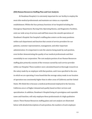   57	
  
(XII)	
  Human	
  Resources	
  Staffing	
  Plan	
  and	
  Cost	
  Analysis:	
  
	
  
At	
  Steadman	
  Hospital,	
  it	
  is	
  extremely	
  important	
  for	
  our	
  facility	
  to	
  employ	
  the	
  
most	
  elite	
  medical	
  professionals	
  and	
  maintain	
  our	
  status	
  as	
  a	
  reputable	
  
establishment.	
  Within	
  the	
  four	
  primary	
  functions	
  of	
  our	
  hospital	
  including	
  the	
  
Emergency	
  Department,	
  Nursing	
  Unit,	
  Operating	
  Rooms,	
  and	
  Diagnostics	
  Facilities,	
  
exist	
  our	
  wide	
  array	
  of	
  services	
  and	
  staff	
  that	
  ensure	
  the	
  smooth	
  operations	
  of	
  
Steadman’s	
  Hospital.	
  Our	
  hospital’s	
  staffing	
  plan	
  centers	
  on	
  the	
  many	
  positions	
  
within	
  each	
  department	
  and	
  function	
  that	
  consist	
  of	
  service	
  providers	
  for	
  our	
  
patients,	
  customer	
  representatives,	
  management,	
  and	
  other	
  important	
  
administration.	
  It	
  is	
  important	
  to	
  note	
  the	
  salaries	
  being	
  made	
  by	
  each	
  position,	
  
even	
  further	
  demonstrating	
  the	
  quality	
  of	
  our	
  medical	
  professionals	
  and	
  their	
  
essentiality	
  to	
  our	
  corporation.	
  The	
  cost	
  analysis	
  portion	
  of	
  our	
  Human	
  Resources	
  
staffing	
  plan	
  primarily	
  consists	
  of	
  the	
  revenues	
  earned	
  by	
  each	
  service	
  provider	
  
within	
  our	
  Hospital.	
  These	
  numbers	
  were	
  calculated	
  based	
  on	
  thorough	
  research	
  on	
  
the	
  salary	
  made	
  by	
  an	
  employee	
  with	
  that	
  position,	
  and	
  it	
  was	
  specified	
  to	
  the	
  area	
  
in	
  which	
  we	
  are	
  operating.	
  It	
  was	
  found	
  that	
  the	
  average	
  salary	
  made	
  in	
  our	
  location	
  
of	
  operation	
  was	
  consistently	
  higher	
  than	
  in	
  other	
  areas	
  of	
  California	
  and	
  the	
  United	
  
States.	
  We	
  think	
  this	
  is	
  because	
  a	
  medical	
  professional	
  employed	
  in	
  the	
  San	
  Jose,	
  
California	
  area	
  is	
  of	
  higher	
  demand	
  and	
  quality	
  based	
  on	
  their	
  services	
  and	
  
specialization.	
  In	
  addition,	
  Steadman’s	
  Hospital	
  being	
  of	
  a	
  prestigious	
  and	
  reputable	
  
name	
  and	
  franchise,	
  will	
  only	
  employee	
  these	
  professionals	
  of	
  a	
  high	
  qualitative	
  
nature.	
  These	
  Human	
  Resources	
  staffing	
  plans	
  and	
  cost	
  analysis	
  are	
  illustrated	
  
below	
  with	
  detailed	
  descriptions	
  of	
  each	
  position,	
  the	
  numbers	
  of	
  each	
  employee	
  
 