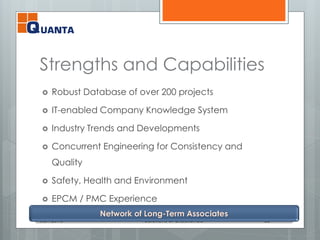 Strengths and Capabilities
 Robust Database of over 200 projects
 IT-enabled Company Knowledge System
 Industry Trends and Developments
 Concurrent Engineering for Consistency and
Quality
 Safety, Health and Environment
 EPCM / PMC Experience
Jan 2016 Solutions of Excellence 23
Network of Long-Term Associates
 