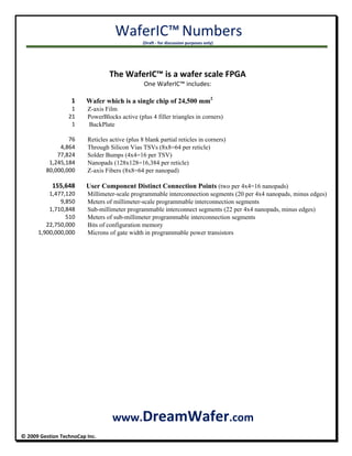  WaferIC™ 
Numbers 
                                                                              (Draft ‐ for discussion purposes only) 
 
© 2009 Gestion TechnoCap Inc. 
 
The WaferIC™ is a wafer scale FPGA 
One WaferIC™ includes: 
 
                                  1   Wafer which is a single chip of 24,500 mm2
                                  1   Z-axis Film
                                21   PowerBlocks active (plus 4 filler triangles in corners)
                                  1   BackPlate
                                76   Reticles active (plus 8 blank partial reticles in corners)
                          4,864   Through Silicon Vias TSVs (8x8=64 per reticle)
                        77,824   Solder Bumps (4x4=16 per TSV)
                  1,245,184   Nanopads (128x128=16,384 per reticle)
                80,000,000   Z-axis Fibers (8x8=64 per nanopad)
                     155,648   User Component Distinct Connection Points (two per 4x4=16 nanopads)
                  1,477,120   Millimeter-scale programmable interconnection segments (20 per 4x4 nanopads, minus edges)
                          9,850   Meters of millimeter-scale programmable interconnection segments
                  1,710,848   Sub-millimeter programmable interconnect segments (22 per 4x4 nanopads, minus edges)
                             510   Meters of sub-millimeter programmable interconnection segments
                22,750,000   Bits of configuration memory
          1,900,000,000   Microns of gate width in programmable power transistors
 
 
 
 
        
 
 
 
 
 
 
                          www.DreamWafer.com 
 