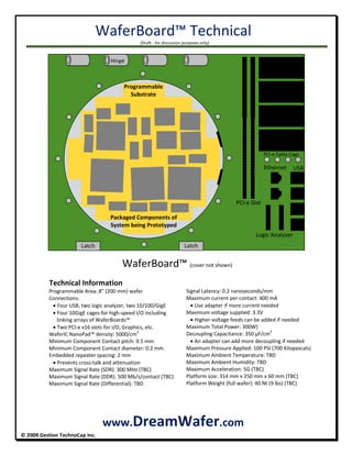 WaferBoard™ Technical 
      (Draft ‐ for discussion purposes only) 
 
© 2009 Gestion TechnoCap Inc.  
                                                                                                  
 
 
                                                                                                                                                                                                         
                                                                                               
                   
 
 
 
 
 
 
 
 
 
 
 
 
 
 
 
 
   WaferBoard™ (cover not shown) 
 
Technical Information
                  Programmable Area: 8” (200 mm) wafer 
   Connections: 
 Four USB, two logic analyzer, two 10/100/GigE 
 Four 10GigE cages for high‐speed I/O including  
   linking arrays of WaferBoards™ 
 Two PCI‐e x16 slots for I/O, Graphics, etc. 
                      WaferIC NanoPad™ density: 5000/cm2
  
                      Minimum Component Contact pitch: 0.5 mm 
                      Minimum Component Contact diameter: 0.2 mm 
                      Embedded repeater spacing: 2 mm 
 Prevents cross‐talk and attenuation 
                      Maximum Signal Rate (SDR): 300 MHz (TBC) 
                      Maximum Signal Rate (DDR): 500 Mb/s/contact (TBC) 
                      Maximum Signal Rate (Differential): TBD 
 
www.DreamWafer.com 
Signal Latency: 0.2 nanoseconds/mm 
Maximum current per contact: 400 mA 
 Use adapter if more current needed 
Maximum voltage supplied: 3.3V 
 Higher‐voltage feeds can be added if needed 
Maximum Total Power: 300W) 
Decoupling Capacitance: 350 µF/cm2
  
 An adapter can add more decoupling if needed 
Maximum Pressure Applied: 100 PSI (700 Kilopascals) 
Maximum Ambient Temperature: TBD 
Maximum Ambient Humidity: TBD 
Maximum Acceleration: 5G (TBC) 
Platform size: 314 mm x 250 mm x 60 mm (TBC) 
Platform Weight (full wafer): 40 Nt (9 lbs) (TBC) 
  USB
  
 
 
 
 
 
 
 
Hinge  
    PCI‐e Slot 
Logic Analyzer
  PCI‐e Cable Cage
Latch  Latch 
Packaged Components of 
System being Prototyped
Programmable 
Substrate
  USBEthernet
 