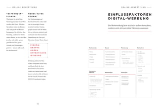 3 0 3 1
Die Werbeanzeigen auf
Facebook könnten schon bald
um ein neuartiges Format
erweitert werden. Cinema-
graphs nennen sich die Bilder,
die nur teilweise animiert sind
und somit eine überraschende
Abwechslung für User und
Advertiser bieten. Hinter dieser
N E U E S A LT E S
F O R M AT
O N L I N E A D V E R T I S I N G
Die Werbewirkung lässt sich nicht isoliert betrachten,
sondern setzt sich aus vielen Faktoren zusammen.
E I N F LU SS FA KTO R E N
D I G I TA L-W E R B U N G
O N L I N E A D V E R T I S I N G
Technische
Faktoren
– Bildschirmauflösung
– Grösse des Browsers
auf dem Bildschirm
– Smartphone
– Table
– Desktop PC
– Smart TV
Auflösung
Brandbreite
Darstellungs-Geräte
Werbekunde
Marke
Image
Branche
Produkt
Bekanntheit
Werbeträger
Umfeldglaubwürdigkeit
Image
Redaktioneller Content
Reichweite
Kampagne
Werbedruck/
Kontaktdosis
Crossmedial
Zeitpunkt der
Ausspielung
Nutzer
Soziodemografie
Themeninteresse
Werbeakzeptanz
Nutzungssituation
Internetaffinität
Produktinteresse
Platzierung
Positionierung
– Im Content
– Neben dem Content
– Über dem Content
Sichtbarkeits-Dauer
Clutter
Werbeform
Art des
Werbemittels
Werbeformat
Kreation
– Video
– Statisch
– Animiert
– Text
– Mit oder
ohne Ton
– Grösse
– Overlay
– Sticky
– Aufmerksamkeits-
stark
– Bildlastig
– Textlastig
T E S T K O N Z E P T
P L A N E N
Überlassen Sie nicht Ihrer
Kreativagentur das letzte Wort,
sondern den Usern. Schicken
Sie mehrere Linien ins Rennen –
auch und gerade bei Banner-
kampagnen, die nicht nur dem
Branding, sondern der Perfor-
mance dienen. Im SEA wird dies
ja schon seit vielen Jahren
gemacht und eine ganze
Armada von Textanzeigen
getestet – warum nicht auch
bei den Bannern?
Erfindung stehen die New
Yorker Fotografen Kevin Burg
und Jamie Beck, die ihrer
Kreativität im Ann Street
Studio seit Jahren freien Lauf
lassen und schon Ads in diesem
Stil für Lincoln, Armani oder
REVOLVE produziert haben.
C I N E M A -
G R A P H S
H A B E N
H Y P N O T I S C H E
W I R K U N G
 