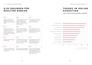 3 2 3 3
Anwender «XY» klickt auf eine
URL-Adresse. Die Inhalte des
Publishers werden in den Browser
geladen.
Die Ad Exchange schickt an
alle DSPs das anonyme Profil des
Anwenders «XY» sowie die
Webseiten-Kategorie und Sicher-
heitsinformationen für Webseiten
mit Werbung.
Jede DSP schickt ihre Antwort an
die Ad Exchange.
Der Adserver des Publishers teilt
dem Browser mit, welche Anzeige
er darstellen soll.
Der Publisher fragt seinen Adserver
nach der Verfügbarkeit von
Anzeigen. Wenn keine Anzeige
abrufbar ist, fragt der Server bei
der Ad Exchange an.
Jede DSP zieht 3rd-Party-Daten
hinzu und prüft, ob es Werbungs-
treibende gibt, die auf das Profil
zugreifen möchten.
Die Ad Exchange führt eine Second
Price Auction durch und wählt aus
den DSP-Antworten diejenige mit
dem besten Gebot aus.
Der Adserver des Werbungtrei­benden
schickt die Anzeige an den Browser.
Die Ad Exchange leitet die Anfrage
an verschiedene Demand-Side-
Plattformen (DSPs) weiter.
Die DSP-Algorithmen werten die
Daten aus und berechnen das für
den Werbungstreiben den günstigste
Gebot auf das Profil «XY».
Die Ad Exchange schickt den Preis
und die Anzeige des Gebots, das
den Zuschlag bekommen hat, an
den Adserver des Publishers.
Der Browser zeigt die aufgerufene
Webseite zusammen mit der Anzeige,
die den Zuschlag bekommen hat,
an und signalisiert der DSP, dass die
Anzeige gesehen wurde.
0,36 SEKUNDEN FÜR
REALTIME BIDDING
O N L I N E A D V E R T I S I N G
0,04 s
0,12 s
0,14 s
0,23 s
0,08 s
0,125 s
0,18 s
0,31 s
0,10 s
0,13 s
0,19 s
0,36 s
T R E N D S I M O N L I N E
M A R K E T I N G
T O P 1 0 D E R W I C H T I G S T E N T H E M E N
O N L I N E A D V E R T I S I N G
0 13 25 38 50
Content-Marketing
Customer-Journey-Analyse
Mobile-Advertising
Cross Device Tracking
Kreativität in der Onlinewerbung
Multichannel-Tracking
Social Media
Bewegtbildwerbung
Realtime-Bidding
User Centric Marketing
Quelle: Eprofessional, August 2014;
Befragung von 105 Onlinemarketing-Experten.
 