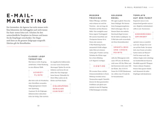 3 8 3 9
E - M A I L -
M A R K E T I N G
Ein Geständnis: die Agentur hat nicht immer recht.
Eine Erkenntnis: der Auftraggeber auch nicht immer.
Ein Fazit: testen lohnt sich. Schicken Sie drei
unterschiedliche Templates ins Rennen und lassen
Sie die Empfänger entscheiden. Der Sieger
wird dann an die gesamte Zielgruppe ausgerollt.
Gleiches gilt für Betreffzeilen.
C L O S E D L O O P
TA R G E T I N G
Man kann es nicht oft genug
wiederholen. E-Mail-Marketing
ist eine effiziente Waffe.
S C H R O T-
F L I N T E
Z I E LG R U P P E N -
G E N A U E R
C O N T E N T
Aber bitte nicht als Streubüchse
oder Schrotflinte verwenden.
Zielgruppengenauer Content
statt Spamming.
Je genauer Sie die Zielgruppe
definieren,desto wahrschein­
licher der Erfolg. Oder möchten
Sie eingefleischte Kaffeetrinker
von einer neuen Teemaschine
überzeugen? Spielen Sie mit der
Selektion und lernen Sie mit
jedem Shot Ihre Zielgruppe
besser kennen. Behandeln Sie
Nicht-Öffner anders als die
Klicker und Nicht-Käufer.
E - M A I L - M A R K E T I N G
V I E W T I M E
S M A R T L I N K S
U N D C H E C K -
P O I N T S
KONVERSIONS-
OPTIMIERT
G O L D E N E
R E G E L
Wir sagen es gleich: Havas hat
keine Glaskugel. Wir können
keine Kampagnenergebnisse
blind vorhersagen. Aber wir
können Ihnen eine einfache
Benchmark-Regel verraten.
Bei der kalten Leadakquise via
E-Mail (also nicht verwechseln
mit Ihren Bestandskunden)
T E M P L AT E
A U F D E N P U N K T
Responsive muss es sein.
Ansprechend gestaltet muss es
sein. Möglichst individualisiert
sollte es sein. Konversions­
M O D E R N
T R A C K I N G
Neben Öffnungs- und Klick-
raten erfassen wir auch die
Viewtime – also wie lange der
Newsletter auf dem Monitor
bleibt. Dies ermöglicht unser
Havas-eigener Trackingpixel.
Mit unseren Smartlinks und
Checkpoints können Sie in
Ihrem oder unserem
E-Mail-Marketing-System
automatisch Profile anlegen
(jeder Klick auf schwarze
Socken gibt 2 Punkte) und das
Verhalten der Klicker sogar
bis in Ihren Webshop
(z.B. Magento) verfolgen.
sollte die Öffnungsrate nicht
unter 10% sein, die Klickrate
nicht unter 10% der Öffner und
die Konversion nicht unter 10%
der Klicker. Also 10:10:10.
Setzen Sie 10 000 Kaltadressen
ein, sollten etwa 10 Leads für
Sie herauskommen.
optimiert muss es natürlich
auch sein. Bringen Sie es mit
uns auf den Punkt. Sie wissen
doch, dass Frauen auf andere
Farben stehen als Männer?
Und Sie wissen auch, dass
erklärte Singles nicht unbedingt
ein Familienbild mit Hund als
Moodbild anspricht? Übrigens:
Unsere schlauen Templates
können diese ganzen Inhalte
auch dynamisch für jeden
Empfänger individualisieren.
Wir verraten Ihnen, welcher
Schwarzsockenklicker in Ihrem
Webshop trotzdem weisse
Tennissocken anpeilt. Natürlich
können Sie diese gesammelten
Profildaten auch gleich auto­
matisiert in einer Re-Targeting-
E-Mail-Kampagne verwenden.
 