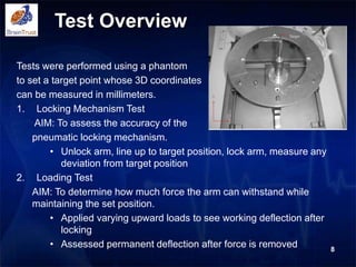 Test Overview
Tests were performed using a phantom
to set a target point whose 3D coordinates
can be measured in millimeters.
1. Locking Mechanism Test
AIM: To assess the accuracy of the
pneumatic locking mechanism.
• Unlock arm, line up to target position, lock arm, measure any
deviation from target position
2. Loading Test
AIM: To determine how much force the arm can withstand while
maintaining the set position.
• Applied varying upward loads to see working deflection after
locking
• Assessed permanent deflection after force is removed 8
 