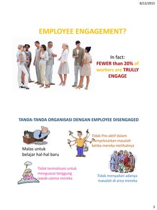 8/12/2015
3
EMPLOYEE ENGAGEMENT?
In fact:
FEWER than 20% of
workers are TRULLY
ENGAGE
TANDA-TANDA ORGANISASI DENGAN EMPLOYEE DISENGAGED
Tidak menyadari adanya
masalah di area mereka
Malas untuk
belajar hal-hal baru
Tidak termotivasi untuk
menguasai tanggung
jawab utama mereka
Tidak Pro-aktif dalam
menyelesaikan masalah
ketika mereka melihatnya
 