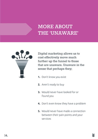 MORE ABOUT
THE ‘UNAWARE’
14.
Digital marketing allows us to
cost effectively move much
further up the funnel to those
that are unaware. Unaware in the
sense that perhaps they;
1.	 Don’t know you exist
2.	 Aren’t ready to buy
3.	 Would never have looked for or
	 found you
4.	 Don’t even know they have a problem
5.	 Would never have made a connection
	 between their pain points and your
	services
 