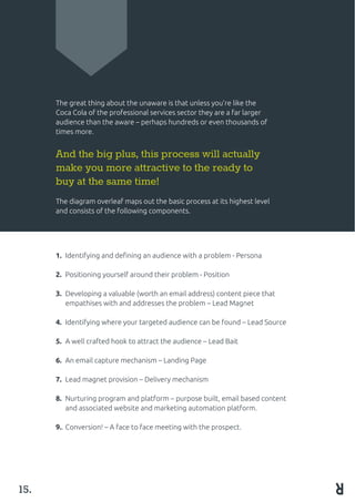 15.
The great thing about the unaware is that unless you’re like the
Coca Cola of the professional services sector they are a far larger
audience than the aware – perhaps hundreds or even thousands of
times more.
And the big plus, this process will actually
make you more attractive to the ready to
buy at the same time!
The diagram overleaf maps out the basic process at its highest level
and consists of the following components.
1.	 Identifying and defining an audience with a problem - Persona
2.	 Positioning yourself around their problem - Position
3.	 Developing a valuable (worth an email address) content piece that 	
	 empathises with and addresses the problem – Lead Magnet
4.	 Identifying where your targeted audience can be found – Lead Source
5.	 A well crafted hook to attract the audience – Lead Bait
6.	 An email capture mechanism – Landing Page	
7.	 Lead magnet provision – Delivery mechanism
8.	 Nurturing program and platform – purpose built, email based content 	
	 and associated website and marketing automation platform.
9..	Conversion! – A face to face meeting with the prospect.
 
