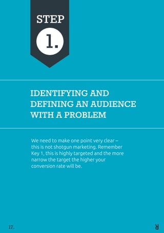 IDENTIFYING AND
DEFINING AN AUDIENCE
WITH A PROBLEM
We need to make one point very clear –
this is not shotgun marketing. Remember
Key 1, this is highly targeted and the more
narrow the target the higher your
conversion rate will be.
STEP
1.
17.
 