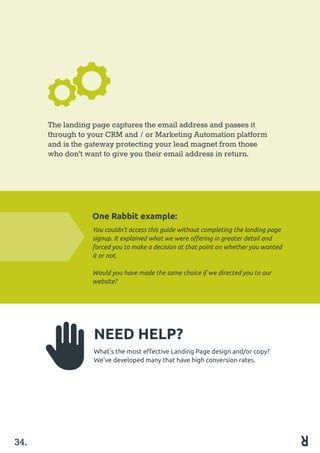 The landing page captures the email address and passes it
through to your CRM and / or Marketing Automation platform
and is the gateway protecting your lead magnet from those
who don’t want to give you their email address in return.
One Rabbit example:
You couldn’t access this guide without completing the landing page
signup. It explained what we were offering in greater detail and
forced you to make a decision at that point on whether you wanted
it or not.
Would you have made the same choice if we directed you to our
website?
NEED HELP?
What’s the most effective Landing Page design and/or copy? 		
We’ve developed many that have high conversion rates.
34.
 