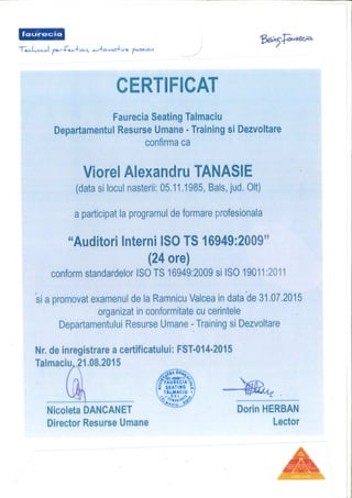 Curs Auditori interni ISO TS 16949