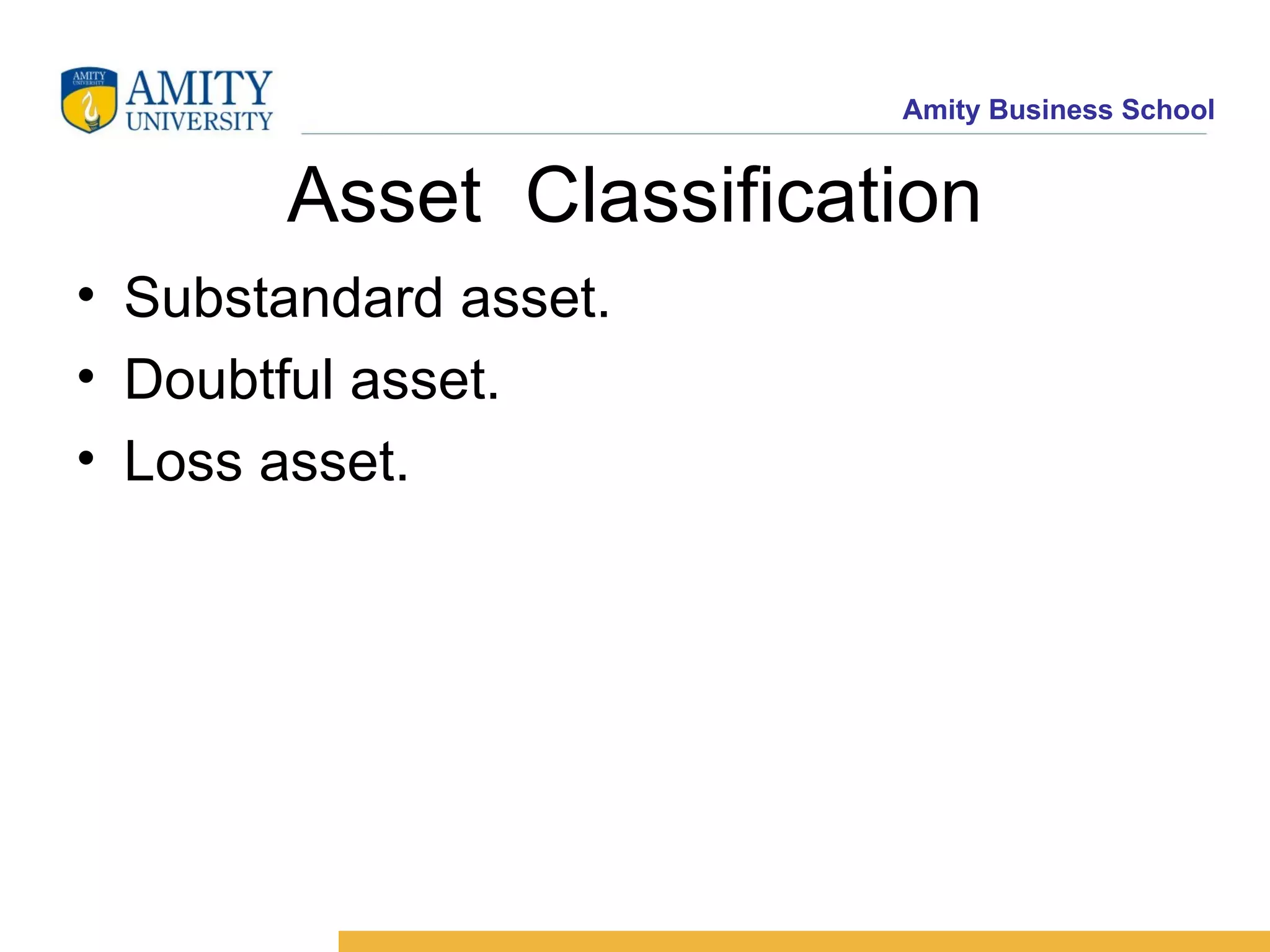 Asset  Classification Substandard asset. Doubtful asset. Loss asset. 