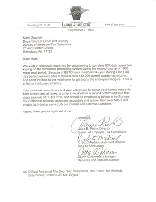 PA LABOR & INDUSTRY RECOMMENDATION LETTER SEPTEMBER 1999