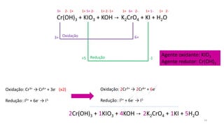 Cr(OH)3 + KIO3 + KOH → K2CrO4 + KI + H2O
3+ 6+
-1
+5 Redução
Oxidação
Oxidação: Cr3+ → Cr6+ + 3e- (x2)
Redução: I5+ + 6e- → I1-
Agente oxidante: KIO3
Agente redutor: Cr(OH)3
Oxidação: 2Cr3+ → 2Cr6+ + 6e-
Redução: I5+ + 6e- → I1-
2Cr(OH)3 + 1KIO3 + 4KOH → 2K2CrO4 + 1KI + 5H2O
3+ 2- 1+ 1+ 5+ 2- 1+ 2- 1+ 1+ 6+ 2- 1+ 1- 1+ 2-
14
 