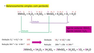 • Balanceamento simples com peróxido
KMnO4 + H2O2 + H2SO4 → MnSO4 + K2SO4 + O2 + H2O
-1 0
+2
+7
Redução
Oxidação
Oxidação 5O2
-1 → 5O2
0 + 10e-
Redução 2Mn+7 + 10e- → 2Mn+2
Agente oxidante: KMnO4
Agente redutor: H2O2
Oxidação: O2
-1 → O2
0 + 2e- (x5)
Redução: Mn+7 + 5e- → Mn+2 (x2)
2KMnO4 + 5H2O2 + 3H2SO4 → 2MnSO4 + 1K2SO4 + 5O2 + 8H2O
1+ 7+ 2- 1+ 1- 1+ 6+ 2- 2+ 6+ 2- 1+ 6+ 2- 0 1+ 2-
15
 