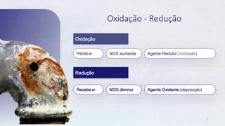 3
Oxidação - Redução
Oxidação
Redução
Perde e- NOX aumenta Agente Redutor (corrosão)
Recebe e- NOX diminui Agente Oxidante (deposição)
3
 