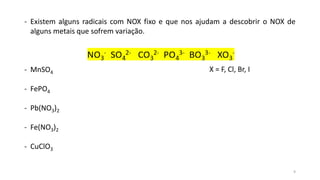 - Existem alguns radicais com NOX fixo e que nos ajudam a descobrir o NOX de
alguns metais que sofrem variação.
- MnSO4
- FePO4
- Pb(NO3)2
- Fe(NO3)2
- CuClO3
X = F, Cl, Br, I
9
 