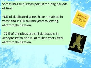 Sometimes duplicates persist for long periods
of time
~8% of duplicated genes have remained in
yeast about 100 million yea...