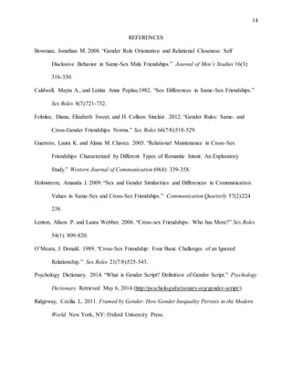 14
REFERENCES
Bowman, Jonathan M. 2008. “Gender Role Orientation and Relational Closeness: Self
Disclosive Behavior in Same-Sex Male Friendships.” Journal of Men’s Studies 16(3):
316-330.
Caldwell, Mayta A., and Letitia Anne Peplau.1982. “Sex Differences in Same-Sex Friendships.”
Sex Roles 8(7):721-732.
Felmlee, Diana, Elizabeth Sweet, and H. Colleen Sinclair. 2012. “Gender Rules: Same- and
Cross-Gender Friendships Norms.” Sex Roles 66(7/8):518-529.
Guerrero, Laura K. and Alana M. Chavez. 2005. “Relational Maintenance in Cross-Sex
Friendships Characterized by Different Types of Romantic Intent: An Exploratory
Study.” Western Journal of Communication 69(4): 339-358.
Holmstrom, Amanda J. 2009. “Sex and Gender Similarities and Differences in Communication
Values in Same-Sex and Cross-Sex Friendships.” Communication Quarterly 57(2):224
238.
Lenton, Alison P. and Laura Webber. 2006. “Cross-sex Friendships: Who has More?” Sex Roles
54(1): 809-820.
O’Meara, J. Donald. 1989. “Cross-Sex Friendship: Four Basic Challenges of an Ignored
Relationship.” Sex Roles 21(7/8):525-543.
Psychology Dictionary. 2014. “What is Gender Script? Definition of Gender Script.” Psychology
Dictionary. Retrieved May 6, 2014 (http://psychologydictionary.org/gender-script/)
Ridgeway, Cecilia L. 2011. Framed by Gender: How Gender Inequality Persists in the Modern
World. New York, NY: Oxford University Press.
 