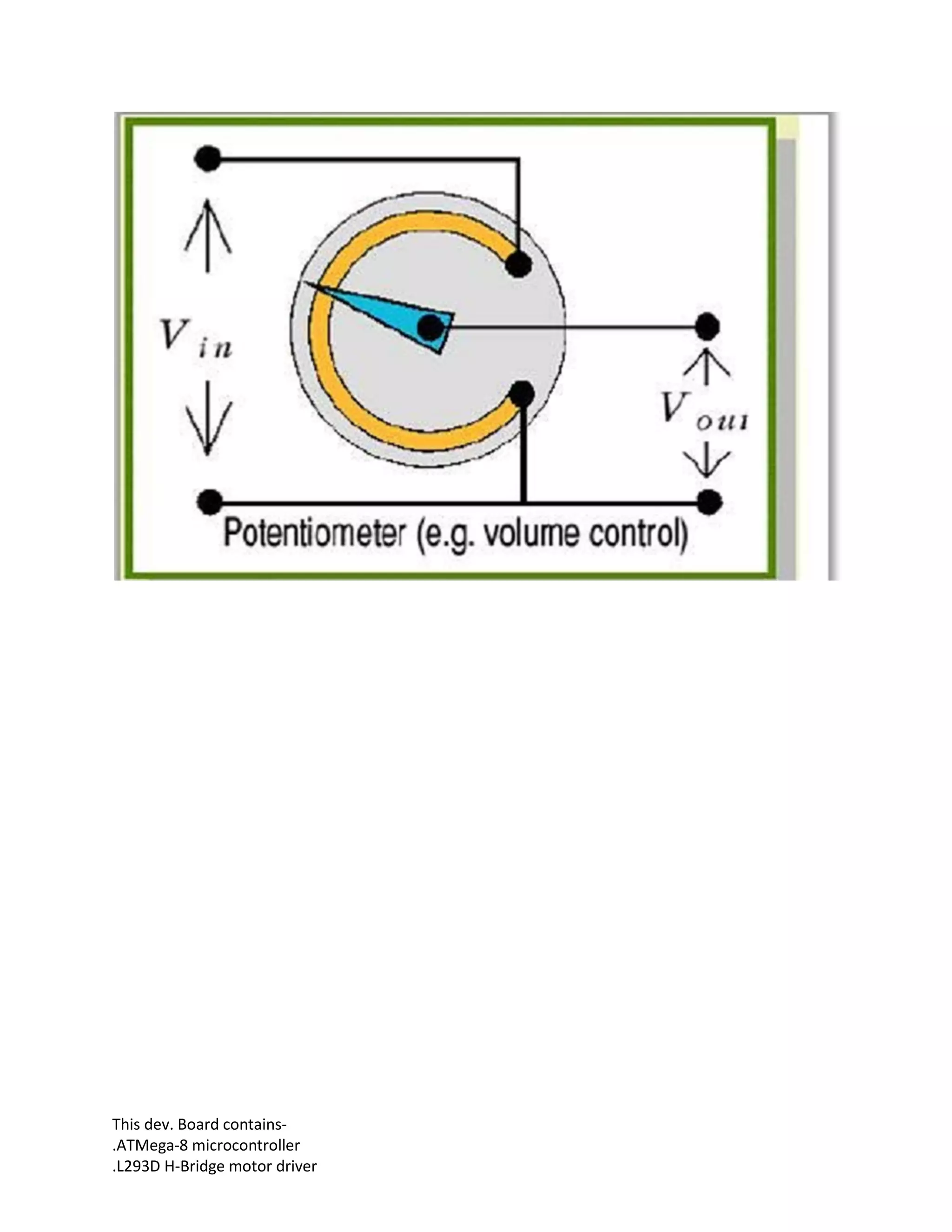 This dev. Board contains-
.ATMega-8 microcontroller
.L293D H-Bridge motor driver
 