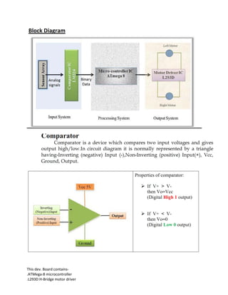 This dev. Board contains-
.ATMega-8 microcontroller
.L293D H-Bridge motor driver
 