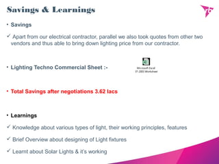 Savings & Learnings
• Savings
 Apart from our electrical contractor, parallel we also took quotes from other two
vendors and thus able to bring down lighting price from our contractor.
• Lighting Techno Commercial Sheet :-
• Total Savings after negotiations 3.62 lacs
• Learnings
 Knowledge about various types of light, their working principles, features
 Brief Overview about designing of Light fixtures
 Learnt about Solar Lights & it’s working
Microsoft Excel
97-2003 Worksheet
 