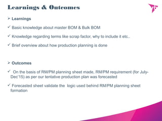 Learnings & Outcomes
 Learnings
 Basic knowledge about master BOM & Bulk BOM
 Knowledge regarding terms like scrap factor, why to include it etc..
 Brief overview about how production planning is done
 Outcomes
 On the basis of RM/PM planning sheet made, RM/PM requirement (for July-
Dec’15) as per our tentative production plan was forecasted
 Forecasted sheet validate the logic used behind RM/PM planning sheet
formation
 