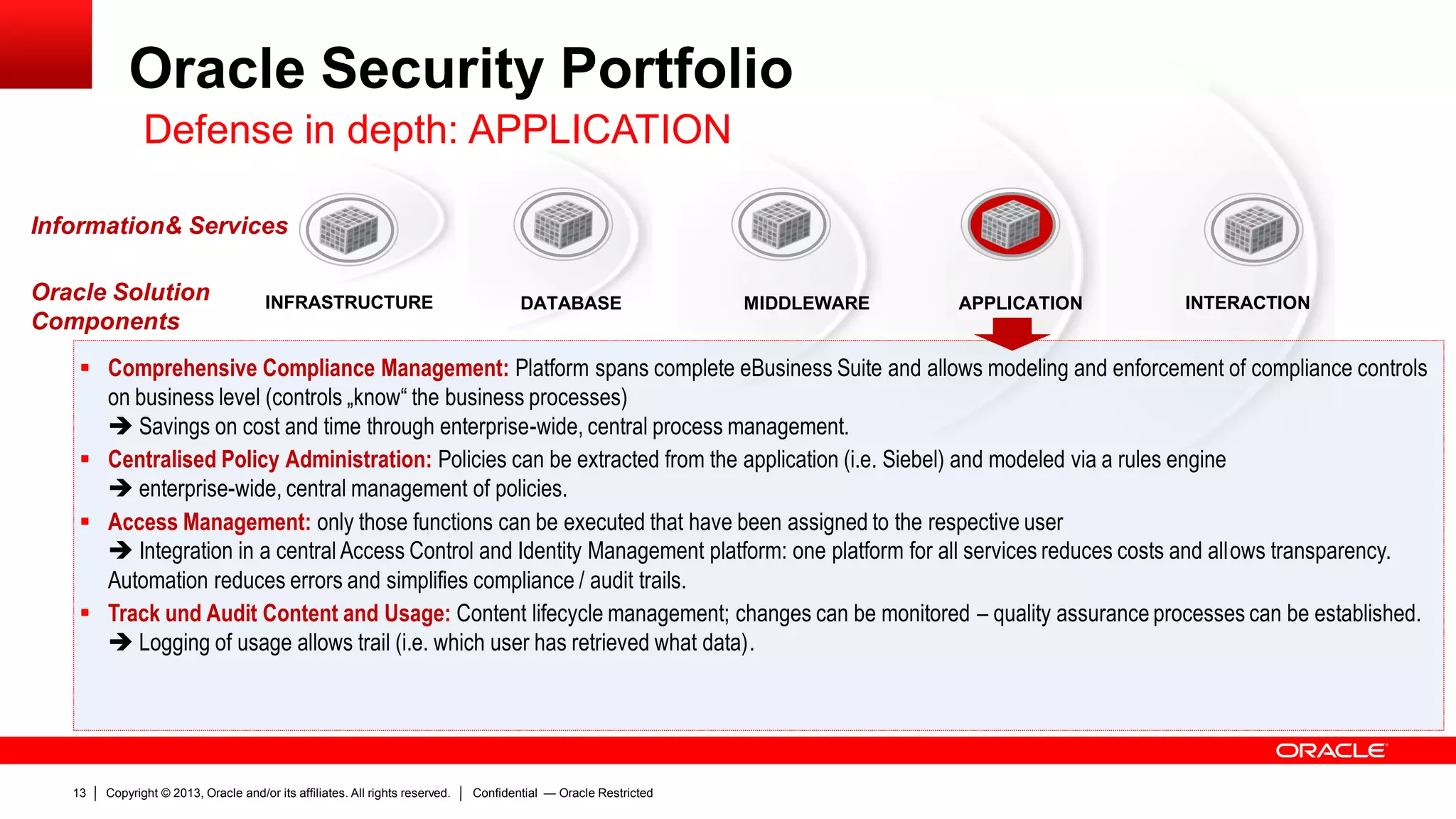 Copyright © 2013, Oracle and/or its affiliates. All rights reserved.13 Confidential — Oracle Restricted
Oracle Security Portfolio
 Comprehensive Compliance Management: Platform spans complete eBusiness Suite and allows modeling and enforcement of compliance controls
on business level (controls „know“ the business processes)
 Savings on cost and time through enterprise-wide, central process management.
 Centralised Policy Administration: Policies can be extracted from the application (i.e. Siebel) and modeled via a rules engine
 enterprise-wide, central management of policies.
 Access Management: only those functions can be executed that have been assigned to the respective user
 Integration in a central Access Control and Identity Management platform: one platform for all services reduces costs and allows transparency.
Automation reduces errors and simplifies compliance / audit trails.
 Track und Audit Content and Usage: Content lifecycle management; changes can be monitored – quality assurance processes can be established.
 Logging of usage allows trail (i.e. which user has retrieved what data).
INFRASTRUCTURE
Information& Services
DATABASE MIDDLEWARE APPLICATION INTERACTIONOracle Solution
Components
Defense in depth: APPLICATION
 