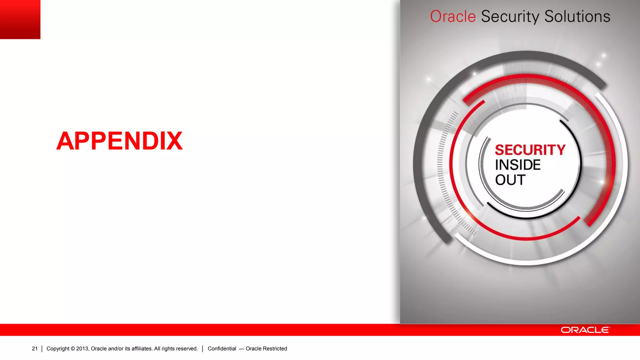 Copyright © 2013, Oracle and/or its affiliates. All rights reserved.21 Confidential — Oracle Restricted
APPENDIX
 