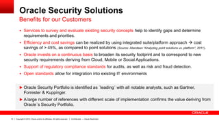 Copyright © 2013, Oracle and/or its affiliates. All rights reserved.15 Confidential — Oracle Restricted
Oracle Security Solutions
Benefits for our Customers
 Services to survey and evaluate existing security concepts help to identify gaps and determine
requirements and priorities.
 Efficiency and cost savings can be realized by using integrated suite/platform approach  cost
savings of > 45%, as compared to point solutions (Source: Aberdeen “Analyzing point solutions vs. platform”, 2011).
 Oracle invests on a continuous basis to broaden its security footprint and to correspond to new
security requirements deriving from Cloud, Mobile or Social Applications.
 Support of regulatory compliance standards for audits, as well as risk and fraud detection.
 Open standards allow for integration into existing IT environments
 Oracle Security Portfolio is identified as ´leading´ with all notable analysts, such as Gartner,
Forrester & Kuppinger.
 A large number of references with different scale of implementation confirms the value deriving from
Oracle´s Security Portfolio.
 
