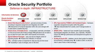 Copyright © 2013, Oracle and/or its affiliates. All rights reserved.10 Confidential — Oracle Restricted
Oracle Security Portfolio
Oracle Solution
Components
 Solaris Role Based Access Control – granular provision of duties,
according to respective assignment and integration into LDAP
 Enforcement of functional separation within OS; even stronger with
Trusted Solaris (Labeled Security).
 Solaris Zones, Immutable Zones – encapsulated, externally controllable
run time environment with limited privileges  Applications are not able to
spy out data from each other within client-specific environments.
 Signed Software Packages – easy and secure integrity control of
Operating System  Protects from infiltration of malcode.
 ZFS – unlimited number of snapshots for data security and time travel
 Traceability in case of changes, even on file level.
INFRASTRUCTURE
Information & Services
DATABASE MIDDLEWARE APPLICATION INTERACTION
Defense in depth: INFRASTRUCTURE
 ZFS, Tape-machine T10000-C with Hardware-Crypto – Hardware-
supported, transparent encryption within file system
 Data indecipherable from outside, even if storage location is
known.
 SPARC CPUs – fastest and most versatile Crypto functionality.
Sophisticated integration into Solaris, Java, OpenSSL, PKCS#11,
Oracle TDE  High performance and transparent encryption for
applications.
 SunRay & Oracle VDI – stateless, secure client system for desktop
environments in vulnerable areas  no data on client; no security
risks in case of loss or client exchange.
 