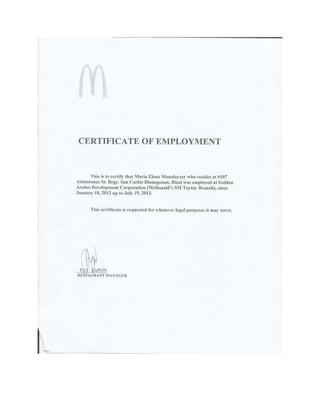 MCDO Certificate of Employment