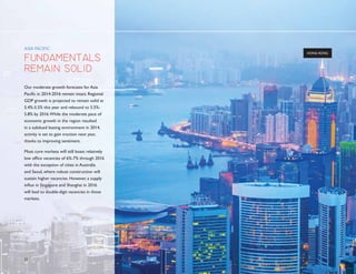 MEXICO CITY ON THE UPSWING 
0H[LFRLWLVXQGHUJRLQJDVXUJHRIDFWLYLWDVUHFHQW 
OHJLVODWLRQHQFRXUDJLQJLQYHVWPHQWFRXSOHGZLWKWKHLPSURYHG 
HFRQRPLFFRQGLWLRQVKDVIRVWHUHGDFWLYLWDPRQJÀQDQFLDO 
VHUYLFHVDQGWHOHFRPPXQLFDWLRQVÀUPVDPRQJRWKHUV$VXUJH 
LQVXSSOZLOOEHPHWZLWKDQHYHQVWURQJHULQFUHDVHLQ 
DEVRUSWLRQWKXVUHQWDOUDWHJURZWKLVH[SHFWHGRYHUWKHQH[W 
WKUHHHDUV 
SOUTH AMERICAN SLOWDOWN 
7KHVORZGRZQRI6RXWK$PHULFDQHFRQRPLHVHVSHFLDOO$UJHQWLQD 
DQG%UD]LOLVLPSDFWLQJRIÀFHPDUNHWIXQGDPHQWDOV7KHZHDN 
%UD]LOLDQHFRQRPZLOOFRQWLQXHWRGDPSHQWKHUHDOHVWDWHRXWORRN 
IRU6mR3DXORDQG5LRGH-DQHLURIRUWKHQH[WWKUHHHDUV3ROLWLFDO 
XQFHUWDLQWDOVRFORXGVWKHRXWORRNIRU%UD]LO9DFDQFUDWHVZLOO 
UHPDLQHOHYDWHGWKURXJKZKLOHDVNLQJUHQWVFRQWUDFWGXHWR 
WKHJOXWRIYDFDQWVSDFH 
3HUXKDVDOVRFRROHGRIIEXWUHPDLQVDQRYHUDOOVWDEOHHFRQRP 
6DQ,VLGURLVFXUUHQWOWKHPRVWDWWUDFWLYHFODVV$DQG%RIÀFH 
PDUNHWEXWRWKHUGLVWULFWVVXFKDV0LUDÁRUHV6XUFRDQG 
0DJGDOHQDKDYHEHFRPHDWWUDFWLYHDOWHUQDWLYHVFDSWXULQJ 
KHDOWKVHOODQGOHDVHSULFHV 
,QKLOHWKH6DQWLDJRRIÀFHPDUNHWKDVEHHQYHUVWURQJDQG 
VHHQVLQJOHGLJLWYDFDQFUDWHVXQWLOUHFHQWO$QLQFUHDVHLQ 
FRQVWUXFWLRQ²RIH[LVWLQJVWRFN²DQGDSRWHQWLDOFKDQJH 
LQOHJLVODWLRQUHJDUGLQJWD[DWLRQKDYHFUHDWHGDQDWPRVSKHUHRI 
XQFHUWDLQWLQWKHUHDOHVWDWHPDUNHW$GGLWLRQDOODVORZGRZQ 
LQWKHPLQLQJLQGXVWUKDVOHGWRZHDNQHVVLQWKHHQJLQHHULQJ 
VHFWRUDQGÀUPVKDYHYDFDWHGODUJHEORFNVRIVSDFH$OWKRXJK 
WKHYDFDQFUDWHLVVWLOOKRYHULQJDWRQOUHQWDOUDWHVLQ 
PLGEHJDQWRGHFOLQHIRUWKHÀUVWWLPHVLQFH 
$0(5,$6$%62537,21$6$3(5(17$*(2),19(1725 
$0(5,$61(:6833/$6$3(5(17$*(2),19(1725 