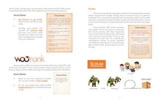 Scrum
	 TheScrumframeworkispopularlyusedinanyITdevelopmentprojects
where requirements rapidly change and turnaround times are deemed
emergent. This process recommends each day to begin with a brief huddle
with your Loremasters to plan the day’s quests and concludes with a review
of the overall estimation of each task load and its timelines within the days/
week.
	
	
14
and all other Google Apps are equipped with everything the A99er needs
to get themselves and their files organized and documented properly.
	 Novice Needs:
	 •	
	 •	
	
	
	 Keeping the quality of our work at its best is the reason why A99 is still
at the top of its game. One of the programs that the guild uses to ensure
that our sites are above 80% is through the website analysis tool, WooRank.
	 Novice Needs:
	 •	
	 •	
15
Cheat Sheet
The one Google to rule them all! Aside
from everthing in the Google App-verse,
downloading some Gmail Extensions
and Add-ons will also help improve your
life and make the productively lazy in you
shine!
Try out the following for starters:
			
Hellosign - Sign documents without ever
leaving Gmail... ever.
			
Boomerang - Your time-travelling email
companion.
Avast - Does your Chrome need the
doctor?
			
Rapportive - See if your clients have
social media too!
			
Streak - Need everything CRM in Gmail?
Streak is it!
Cheat Sheet
Make sure to check out this
interactive video of Scrum intro in
under 10 minutes to understand how
it works in a jiffy.
Make preparations by listing down
the tasks before scrum begins
to maximize the time spent in
discussion.
Adding more details to tasks
presented during scrum allows the
team leader to quickly grasp the
scope of work of the team member
and can easily manage the overall
bandwidth of the team (e.g. specific
task items, estimated time spent on
task, type of work, etc.)
Cheat Sheet
Use this quick tool for
your sales pitch or for an
easy-peasy QA breezy
time.
Go Chrome or go home.
There is not much else to say,
really.
Actually, even better! Get
yourself the Chrome App
Launcher and access every
Google Doc, Sheet, orm, and
other Google-things straight
from your Desktop!
	 All production A99 guild members
must gather every morning to go through
the Scrum process with their respective
lores so each task and workload is allocated
and ironed out accordingly. Scrum is very
important for each lore, as it builds the
camaraderie among its guild members
and allows for teamwork to come into play
when some of their guild mates are out for
the day.
Need to see how a website is ranked?
You can go straight to their website.
Or you can always just install another
GoogleAdd-On if you’re feeling Google-
clingy.
 