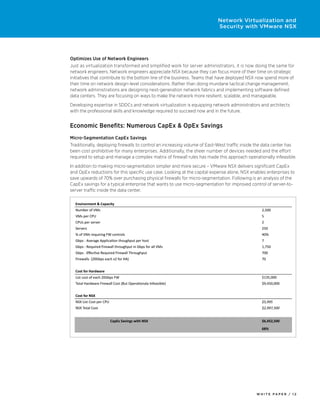 W H I T E P A P E R / 1 2
Network Virtualization and
Security with VMware NSX
Optimizes Use of Network Engineers
Just as virtualization transformed and simplified work for server administrators, it is now doing the same for
network engineers. Network engineers appreciate NSX because they can focus more of their time on strategic
initiatives that contribute to the bottom line of the business. Teams that have deployed NSX now spend more of
their time on network design-level considerations. Rather than doing mundane tactical change management,
network administrations are designing next-generation network fabrics and implementing software defined
data centers. They are focusing on ways to make the network more resilient, scalable, and manageable.
Developing expertise in SDDCs and network virtualization is equipping network administrators and architects
with the professional skills and knowledge required to succeed now and in the future.
Economic Benefits: Numerous CapEx & OpEx Savings
Micro-Segmentation CapEx Savings
Traditionally, deploying firewalls to control an increasing volume of East-West traffic inside the data center has
been cost prohibitive for many enterprises. Additionally, the sheer number of devices needed and the effort
required to setup and manage a complex matrix of firewall rules has made this approach operationally infeasible.
In addition to making micro-segmentation simpler and more secure – VMware NSX delivers significant CapEx
and OpEx reductions for this specific use case. Looking at the capital expense alone, NSX enables enterprises to
save upwards of 70% over purchasing physical firewalls for micro-segmentation. Following is an analysis of the
CapEx savings for a typical enterprise that wants to use micro-segmentation for improved control of server-to-
server traffic inside the data center.
 