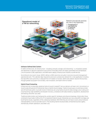 W H I T E P A P E R / 5
Network Virtualization and
Security with VMware NSX
Software-Defined Data Centers
In SDDC architectures, all infrastructure – including compute, storage, and networking – is virtualized, pooled,
and delivered on demand. Operations and control of the data center are highly automated and standardized.
Line of business (LOB), application, and Web teams deploy infrastructure instantly via self-service.
According to one recent study, SDDCs deliver a 56% reduction annually in provisioning and management
operational costs.1
The calendar days required to provision a production network for a new application including
the task effort and cycle time, is reduced from 3-4 weeks to minutes. SDDCs also deliver value to the business
through greater ecosystem functionality, vital innovation, and faster time-to-market.
Hybrid Cloud Computing
Enterprises are increasingly adopting hybrid clouds to speed IT service delivery at lower cost. According to a
recent study, 82 percent of enterprises have a hybrid cloud strategy.2
Hybrid clouds span on-premises private
and off-premises public or private clouds. Enterprises are using hybrid clouds for data storage, auto-scaling and
cloud-bursting, high availability and disaster recovery, compliance with data residency regulations, development
and testing, and other use cases.
Traditional data centers are hampered by vendor-specific hardware and physical topology. Historically, these
constraints have made it difficult for IT to implement hybrid clouds. Enterprises are now using NSX to bridge and
build hybrid clouds, regardless of the underlying hardware. With NSX they do not have to worry about network
interoperability or service provider lock-in. The resulting hybrid cloud provides unmatched business agility,
dramatically simpler operations, and lower cost.
 