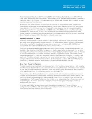 W H I T E P A P E R / 7
Network Virtualization and
Security with VMware NSX
According to a recent study, in 2013 there were 63,437 confirmed security incidents, and 1,367 confirmed
cases where sensitive data was compromised.3
The total average cost of a data breach incident to companies in
the United States is $5.85 million.4
The lowest average cost globally is $1.37 million, which is in India. All other
countries are somewhere in between.
As we know from widely reported data breaches, the costs can be astronomically higher. Sony Pictures
Entertainment, for example, has had two data breaches in recent years. One reported June 2011, and another
November 2014.5
The 2011 breach cost Sony Pictures $171 million. Based on what we know about the 2014
breach, analysts believe the costs will likely reach $100 million.6
The 2014 attack on Sony Pictures forced a
shutdown of its entire network for days – also becoming an enormously costly disaster recovery event.
Studies show that the likelihood of a material data breach involving a minimum of 10,000 records is about 22%.
Given that costs can exceed $100 million, that’s a risk worth preventing.
Hardware Limitations & Lock-Ins
Traditional network infrastructure has limited IT’s ability to adapt and innovate in our increasingly dynamic
and digital world. Workloads, even those virtualized in VMs, are tethered to physical hardware and topologies,
limiting their mobility. The closed black box approach to networking – with custom OS, ASIC, CLI, and
management – has further locked enterprises into incumbent hardware.
Traditional network hardware severely slows the provisioning process and limits workload placement and
portability. One study found that 90% of companies are disadvantaged by the complexities of their networks –
impacting when, where, and what applications and services can be deployed. On average IT makes ten changes
to the corporate network in a 12-month period that require a maintenance window. The average wait for
maintenance windows is 27 days each. Businesses, therefore, spend a total of 270 days or 9.6 months a year
waiting for IT to deliver a new or improved service. Larger enterprises require significantly more of these
changes and wait longer for maintenance windows. Of the companies surveyed, 45% report that employee
productivity is adversely impacted, and 42% report business analysis is negatively affected.7
Error-Prone Manual Configuration
Physical networks force network administrators to perform a lot of repetitive, manual tasks on a daily basis. If a
line of business or department requests a new application or service; for example, administrators need to create
VLANs, map VLANs across switches and uplinks, create port groups, update service profiles, and a number of
other tasks. On top of this, the configuration is often done via clunky CLIs.
Manual configuration of network infrastructure is prone to error. In fact, manual errors are the main cause of
outages. Studies consistently find the largest percentage of network incidents – in the realm of 20%8
to 32%9
– is due to human/configuration errors. One mistake can cause a critical connectivity issue or outage that
impacts business. The financial effect of an unplanned data center outage is significant. The average reported
incident length is 86 minutes at a cost of $7,900 per minute. The average overall cost per incident is
approximately $690,200.10
In terms of reach, 82% of companies experience network downtime caused by IT personnel making
configuration errors. Of these, 94% reported bearing some type of loss to the business. With 80% suffering
revenue losses, and 49% employee productivity loses.11
 