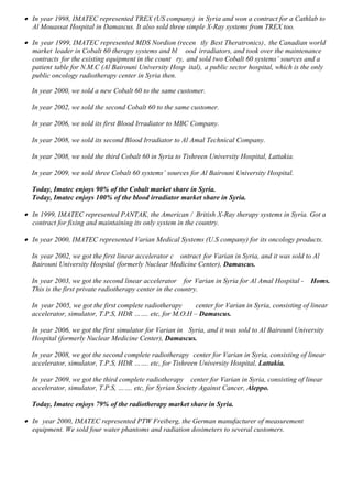  In year 1998, IMATEC represented TREX (US company) in Syria and won a contract for a Cathlab to
Al Mouassat Hospital in Damascus. It also sold three simple X-Ray systems from TREX too.
 In year 1999, IMATEC represented MDS Nordion (recen tly Best Theratronics), the Canadian world
market leader in Cobalt 60 therapy systems and bl ood irradiators, and took over the maintenance
contracts for the existing equipment in the count ry, and sold two Cobalt 60 systems’ sources and a
patient table for N.M.C (Al Bairouni University Hosp ital), a public sector hospital, which is the only
public oncology radiotherapy center in Syria then.
In year 2000, we sold a new Cobalt 60 to the same customer.
In year 2002, we sold the second Cobalt 60 to the same customer.
In year 2006, we sold its first Blood Irradiator to MBC Company.
In year 2008, we sold its second Blood Irradiator to Al Amal Technical Company.
In year 2008, we sold the third Cobalt 60 in Syria to Tishreen University Hospital, Lattakia.
In year 2009, we sold three Cobalt 60 systems’ sources for Al Bairouni University Hospital.
Today, Imatec enjoys 90% of the Cobalt market share in Syria.
Today, Imatec enjoys 100% of the blood irradiator market share in Syria.
 In 1999, IMATEC represented PANTAK, the American / British X-Ray therapy systems in Syria. Got a
contract for fixing and maintaining its only system in the country.
 In year 2000, IMATEC represented Varian Medical Systems (U.S company) for its oncology products.
In year 2002, we got the first linear accelerator c ontract for Varian in Syria, and it was sold to Al
Bairouni University Hospital (formerly Nuclear Medicine Center), Damascus.
In year 2003, we got the second linear accelerator for Varian in Syria for Al Amal Hospital - Homs.
This is the first private radiotherapy center in the country.
In year 2005, we got the first complete radiotherapy center for Varian in Syria, consisting of linear
accelerator, simulator, T.P.S, HDR ……. etc, for M.O.H – Damascus.
In year 2006, we got the first simulator for Varian in Syria, and it was sold to Al Bairouni University
Hospital (formerly Nuclear Medicine Center), Damascus.
In year 2008, we got the second complete radiotherapy center for Varian in Syria, consisting of linear
accelerator, simulator, T.P.S, HDR ……. etc, for Tishreen University Hospital, Lattakia.
In year 2009, we got the third complete radiotherapy center for Varian in Syria, consisting of linear
accelerator, simulator, T.P.S, ……. etc, for Syrian Society Against Cancer, Aleppo.
Today, Imatec enjoys 79% of the radiotherapy market share in Syria.
 In year 2000, IMATEC represented PTW Freiberg, the German manufacturer of measurement
equipment. We sold four water phantoms and radiation dosimeters to several customers.
 